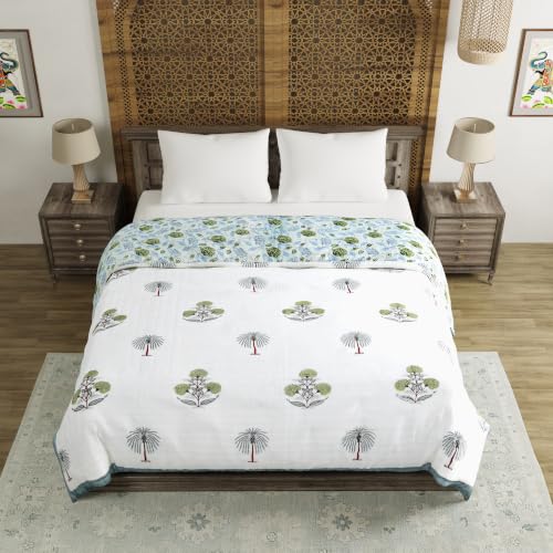 Image of BLOCKS OF INDIA Hand Block Printed Cotton King Size Quilt /Rajai | Open Grey Motifs