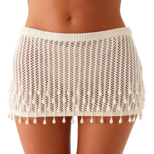 TUWIXIUW Women Pearl Fringe Crochet Skirt Cover Up...