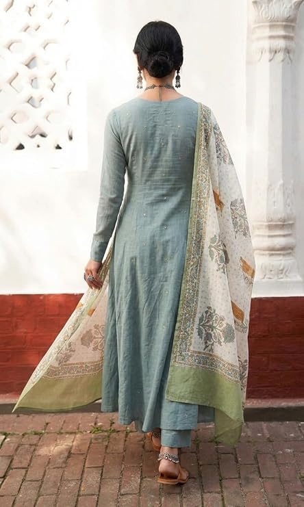Image of ANNI Designer Viscose Blend Embroidered A-Line Kurta with Palazzo and Dupatta for Women | Viscose Blend Turquoise | Full Sleeve | V-Neck | Ethnic Wear Casual Wear