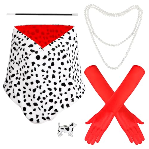 XEPST Cruella Deguisement Femme Dalmatien Deguisement Halloween Cruella Ensemble Costume Femme pour Halloween et Carnaval Années 1920 avec Gants Rouges,...