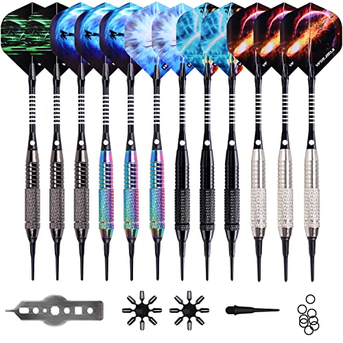 WIN.MAX Darts Plastic Tip - Soft Tip Darts Set - 12 Pcs 18 Gram with 100 Extra Dart Tips 12 Flights Flight Protectors and Wrench for Electronic Dart Board tungsten+silver+black+rainbow