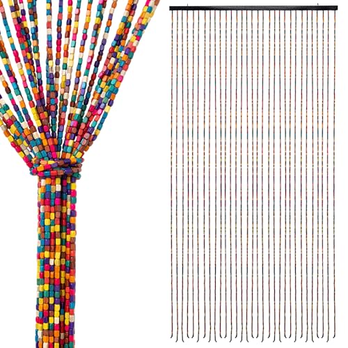 Rideau de porte en perles de bois avec 31 brins 180 x 90 cm - Multicolore - Rideau de perles rétro au design bohème chic - Rideau de perles en bois - Rideau...