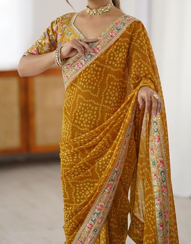Image of SIRIL Women's Georgette Bandhani Printed Saree with Unstitched Blouse Piece
