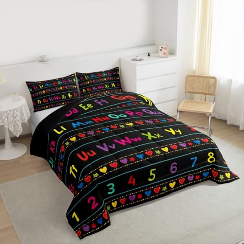 Image of Feelyou ABC Alphabet Comforter Set Full, Alphabet Numbers Bedding Set for Kids Educational Learning Comforter Learning Time Duvet Set with 2 Pillow Case
