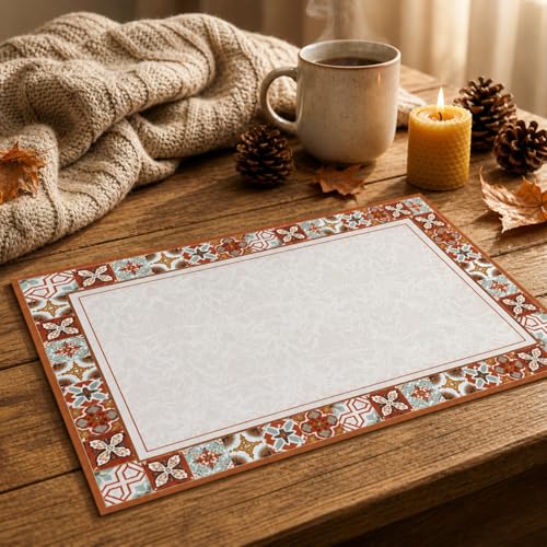 Image of Premium Leather Dining (Pack of 4) Placemats - Waterproof, Heat Resistant, Non-Slip Table Mats for Kitchen & Dining (Brown Portico Tile)