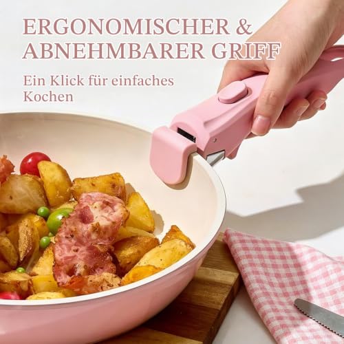 COICUR Keramik Topfsets Pfannenset mit Abnehmbaren Griff Induktion 8-Teilig, Platzsparendes Kochgeschirr Bratpfannen Backofen- &… – Ansicht 4