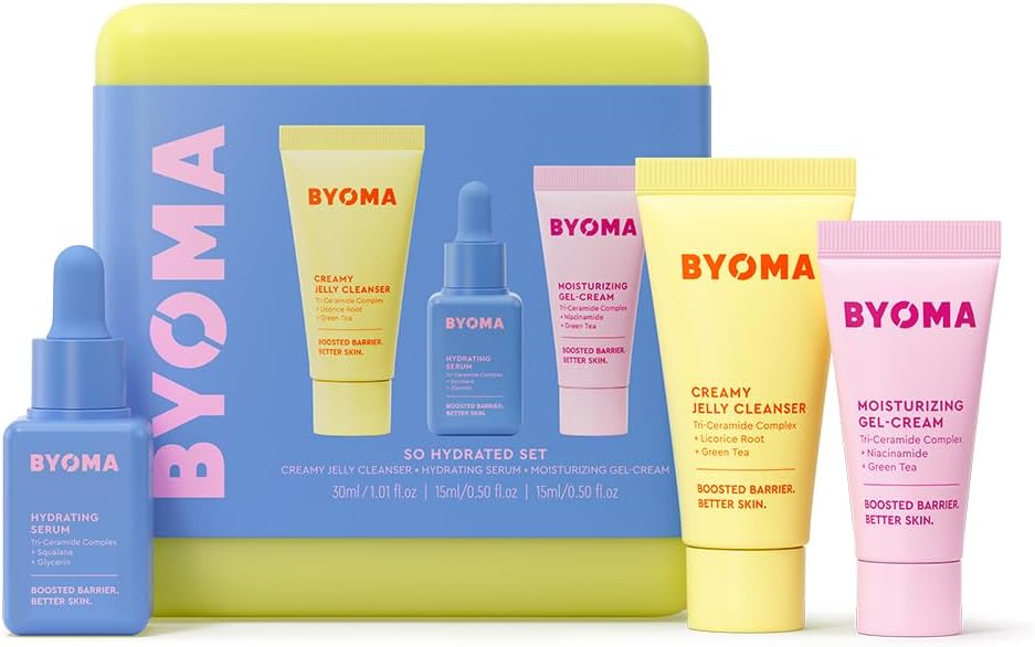BYOMA So Hydrated Set - Barrier Repair Skincare Set (30ml, 15ml, 15ml) Creamy Jelly Cleanser, Hydrating Face Serum and Ceramide Face Moisturiser for Dry Skin - Anti Wrinkle, Alcohol Free, Vegan