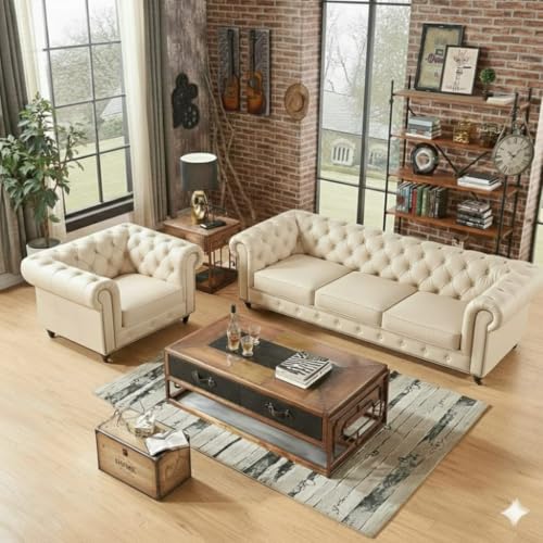 Image of Classic Leatherette Chester Sofa Set Button Tufted, Classic Style Sofa Set 3-Person Sofa for Living Room, Office, and Hallway Colour (Off-White Leatherette, 3+1 = 4 Seater Sofa)