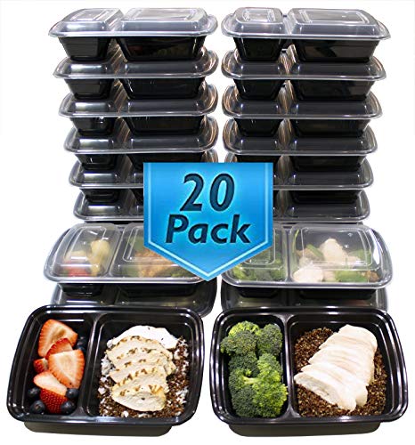 [20 Pack]Meal Prep Containers,2 Compartment Bento Lunch Box,Food Prep,Portion Control,Microwave Safe,20 Sporks