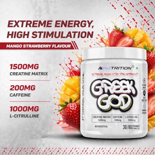 Image of Greek God Pre Workout | Extreme High Stim | 200mg Caffeine, 3000mg Beta-Alanine, 1000mg Citrulline, Black Pepper Extract | Explosive Energy & Focus (30 Servings, Mango Strawberry)