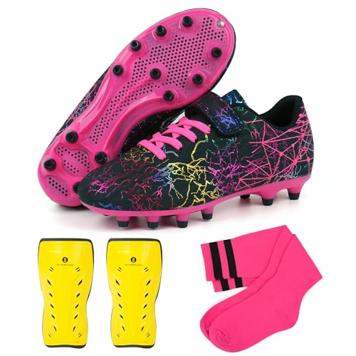 brooman Kids Firm Ground Soccer Cleats Girls Football Cleats with Shin Guards and Soccer Socks...