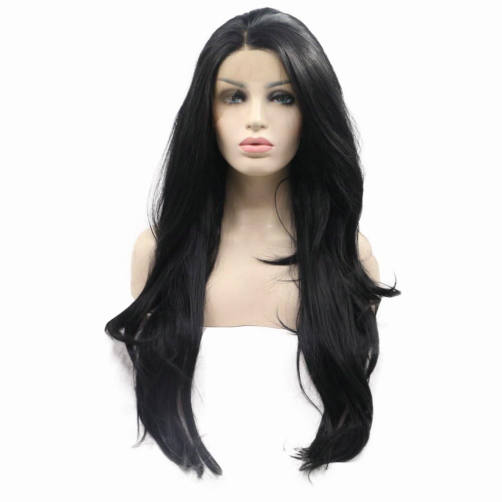 Parrucche lunghe ondulate in pizzo sintetico da donna, parte libera, legate a metà mano, senza colla, dall'aspetto naturale, resistente al calore, colore nero (50,5 cm, parrucca frontale in pizzo)