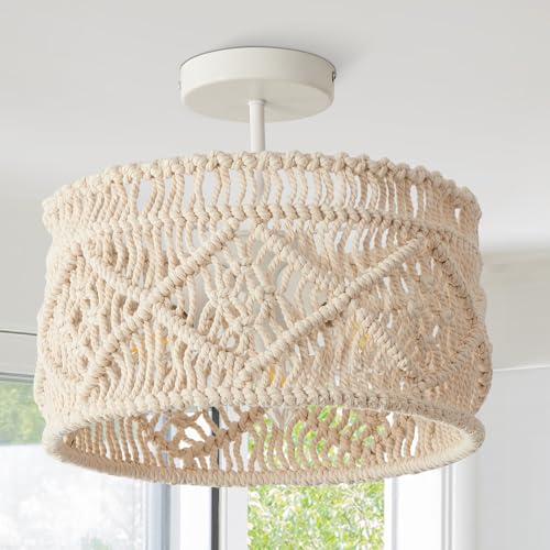 Csetuay White Bohemian Macrame Mini Chandelier, Handcrafted Ceiling Light Fixture