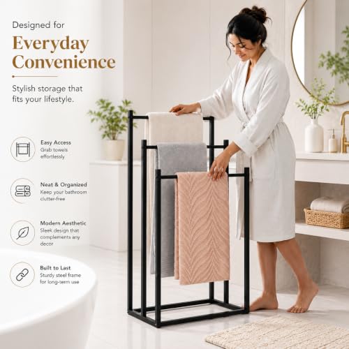 Image of Towel Rack Stand for Bathroom | 3-Tier Metal Towel Holder | Rust Resistant Powder-Coated Steel | Space Saving Towel Drying Stand for Bath Towels, Hand Towels & Blankets | Black /White
