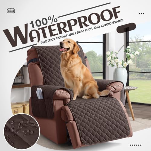 Image of KinCam 100% Waterproof Recliner Chair Cover, Reclining Couch Covers for Pets, Dogs, Recliner Couch Slipcover Furniture Protector with Elastic Straps for Kids(28 inch, Chocolate)