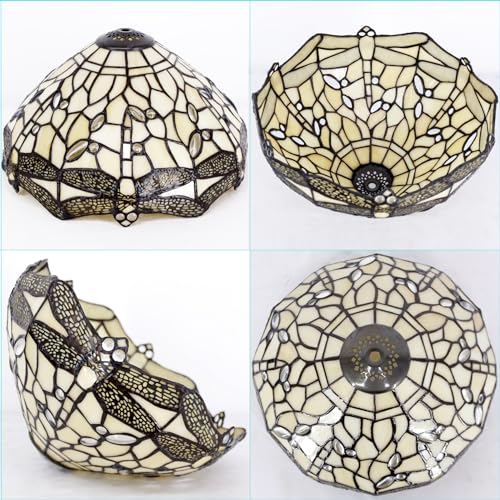 Image of 12Inch Tiffany Stained Glass LampShade Replacement Only (Cream Dragonfly) | Stained Glass Style Lampshade with Cap fit for Table lamp Pendant Light Ceiling Fixture