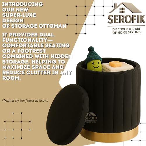 Image of Ottoman Stool with Storage, Round Dutch Velvet Cover Memory Foam Padded 32L Capacity Ottoman Bench Footrest, Pouffe, Office Stool, Makeup Chair, Vanity Chair for Living Room, Bedroom