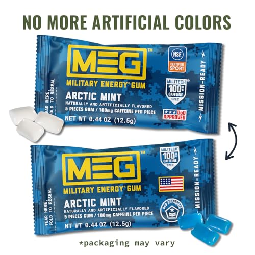 Image of MEG (Military Energy Gum) - Enhance Your Physical Performance with 100mg of Caffeine Per Piece, Ultimate Energy Boost for Workouts, Alternative to Energy Drinks | NSF for Sport Certified | Arctic Mint- Pack of 24