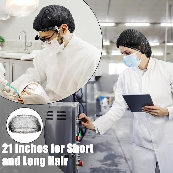 Image of KAUSTA Disposable Bouffant caps /Surgical Caps /Cooking Caps /Surgical Head Caps /Non Woven Head Caps, Pack Of 100pcs (18 inch) Medical Use Disposable Bouffant Caps Stretchable Hair Cover / Hair Net (Black)