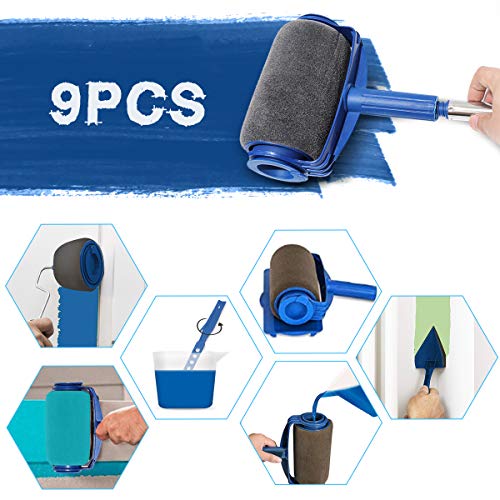 9Pcs Paint Roller Set, LIUMY Paint Runner Kit with 3 Knots Extension Pole,Handle Tool Painting Brush Set for House Wall,School & Office Wall, Ceiling,Quickly Decorate in Just Minutes(Blue) - Thumbnail 6