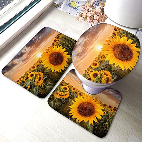 DIRYKILP Sunset Sunflowers 3 Stück Badematte Set Badematte + Konturmatte + Toilettendeckelbezug mit rutschfester Klebeunterseite
