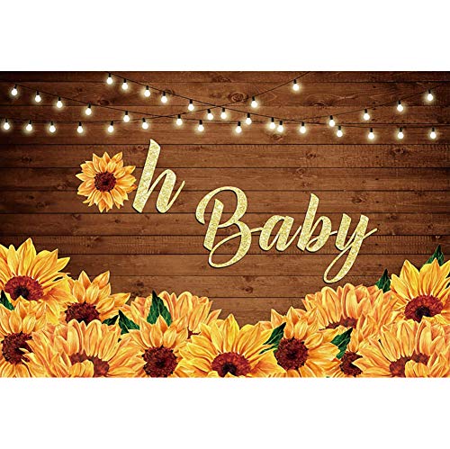 Renaiss 12x10ft Baby Shower Backdrop Oh Baby Rustic Wood Hanging Light Blooming Sunflowers Photography Background Newborn
