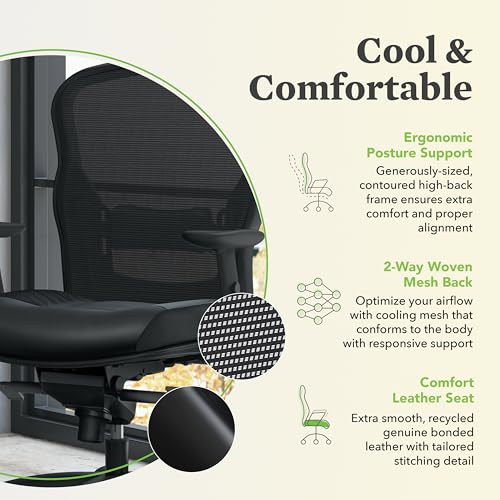 Image of HON Wave High Back Ergonomic Office Chair with Leather Seat and Breathable Mesh Back, Adjustable Arms, Synchro‑Tilt Recline and Swivel Wheels for Desk and Computer Use, Black