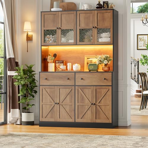 FINETONES 71" Pantry Cabinet with LED Light and Charging Station, Farmhouse Kitchen Pantry Cabinet with Microwave Stand, 47.2" Wide Kitchen Hutch Food Pantry with Open Countertop, Black/Brown