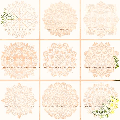 Pilikoll 9 Piezas 30x30cm Grande Mándala Stencils Plantillas Pintura Plantillas de Mandala Reutilizable DIY Mandala Dot Painting Template para Suelos, Ventana, Muebles, Madera, Diseño de Paredes