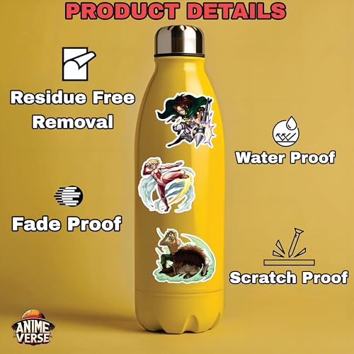 Image of AnimeVerse Pack of 50 AOT Anime Stickers for Laptop, Phone, Guitar, Bike, PC, | Waterproof Glossy Vinyl Decals | Residue-Free Anime Stickers Collection (Attack On Titan)