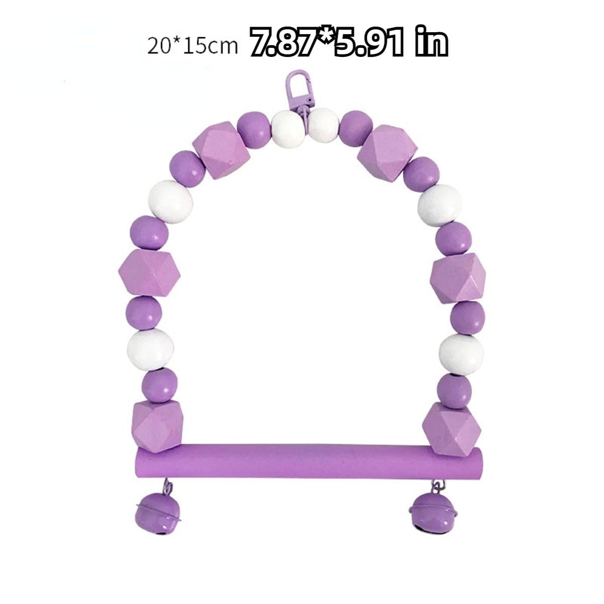 Colorful Wooden Bird Swing, Parakeet Swing Toy with Bells, Cockatiel, Lovebird, Budgie, Conure Perch Stand, Bird Cage Accessories to Balance, Exercise, Training (Purple)