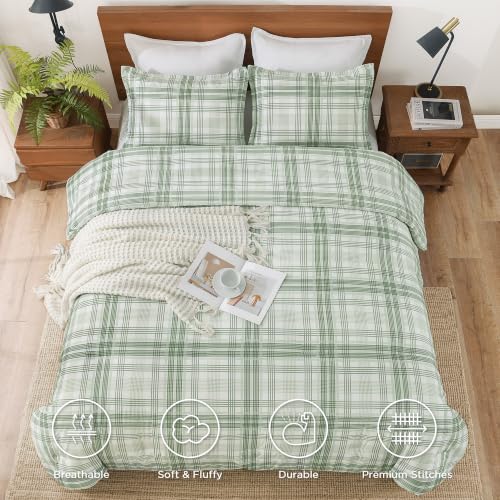 Image of Andency Sage Green Plaid Comforter Set Queen(90x90Inch), Gingham Checkered Grid Stripes Bedding Comforter Sets for Boys Girls Kids Gift, 3 Pieces Preppy Geometric Soft Lightweight Reversible Bed Set