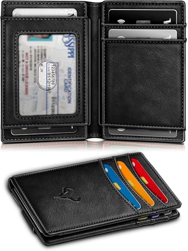 Image of Contacts RFID Blocking Magnetic Closure Slim Genuine Leather Front Pocket Wallet for Men Holds up to 12 Cards Including 1 ID Window Along with Money Clip (Black)