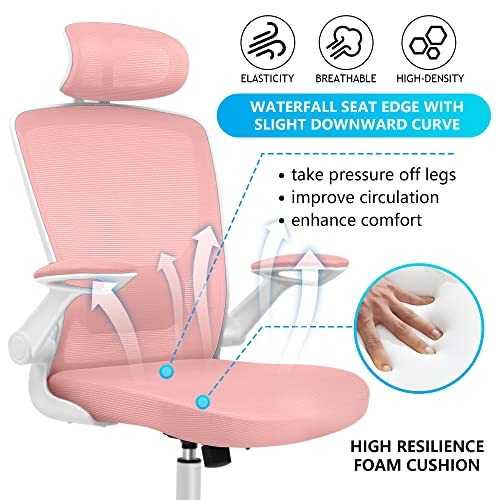 Kerdom Ergonomic Office Chair, Breathable Mesh Desk Chair, Lumbar Support Computer Chair With Headrest And Flip-Up Arms, Swivel Task Chair, Adjustable Height Gaming Chair, Pink #TOP4