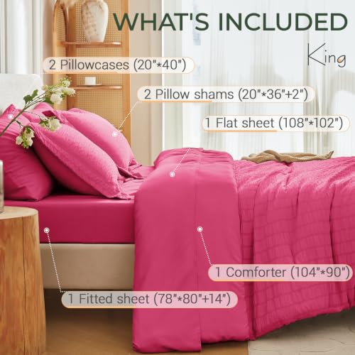 Image of MUXHOMO 7 Pieces King Comforter Set, Seersucker Bed in a Bag King Size, All Season Luxury Bedding Set with Comforter, Flat Sheet, Fitted Sheet, Pillowcases & Shams, Hot Pink
