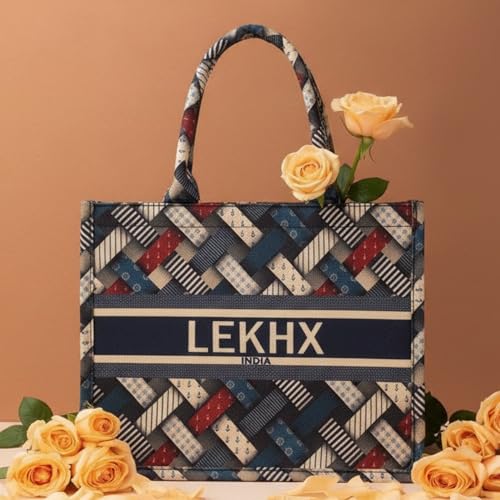 Image of LX LEKHX Designer Tote Bag for Women | Premium Laminated Jute Canvas Handbag with Geometric Print | Stylish Spacious Office, College, Travel & Laptop Bag (Fits 16 Inch)