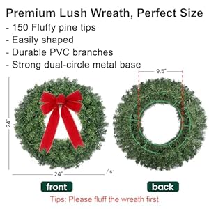 24in Pre Lit Christmas Wreath with Lights & Timer & Remote - 50 LEDs, 8 Lighting Modes -Lighted Christmas Wreath for Front Door with Hanger & Red Bow for Christmas Decorations 24in Pre Lit Christmas Wreath with Lights Timer Remote 50 LEDs 8 Lighting Modes Lighted Christmas Wreath for Front Door with Hanger Red Bow for Christmas Decorations
