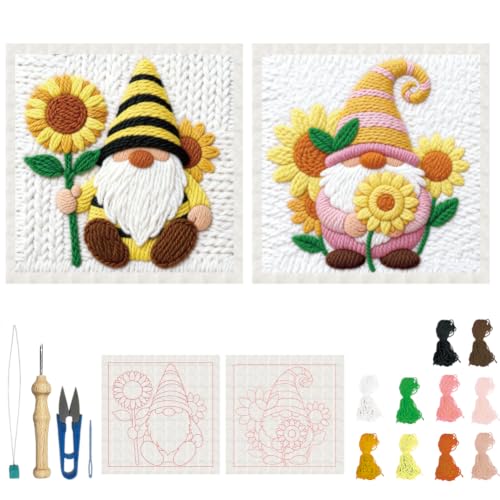 Image of BEUNITONE 2 Pcs Gnome & Sunflowers Punch Needle Kits for Adults Beginner