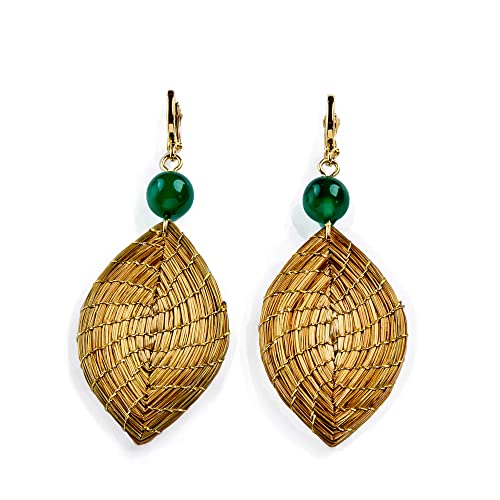 VERA NAVARRO - Pendientes Hoja 40 mm en Oro Vegetal con Cuarzo Verde - Hecho a Mano 100% Natural - Diseño Exclusivo (CUARZO VERDE) Cover