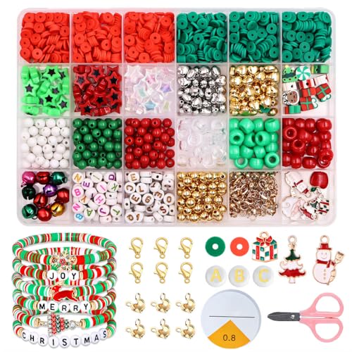 MiOYOOW Christmas Beads Kit Colorful Christmas DIY Craft Bead Portable Xmas Bead Ornament for Clay Beaded Pearl Letter Bracelets Necklace Holiday Present