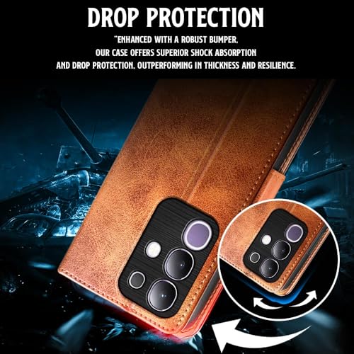 Image of WOW IMAGINE Shock Proof Flip Cover Back Case for Vivo T4x 5G | iQoo Z10x 5G | Vivo Y31 Pro 5G (Magnetic Button Flip Case | Wallet Pockets & Stand | Leather Finish | Alder Brown)