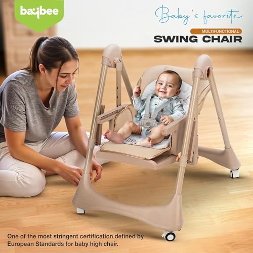 Image of Baybee Nivio 3-in-1 Convertible High Chair for Kids Adjustable Baby Feeding Chair with Swing, Recline, Detachable Tray, 5-Point Harness, Foldable Design, Multi-Height & Footrest Settings 6 Months to 5 Years Kids (Beige)