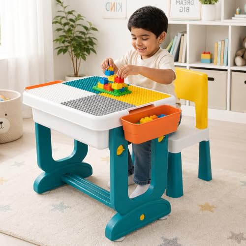 Image of JD FRESH 4 in 1 Genius Kids Study Table Set with Chair /Multifunctional Building Blocks Desk Set with 2 Side Box /Little Children Learner Activity Table /Portable Drawing Table for 3-7 Years Kids