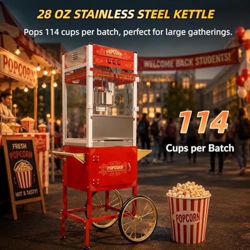 Image of 28oz Commercial Popcorn Machine, Retro Red Pop Corn Popper Cart