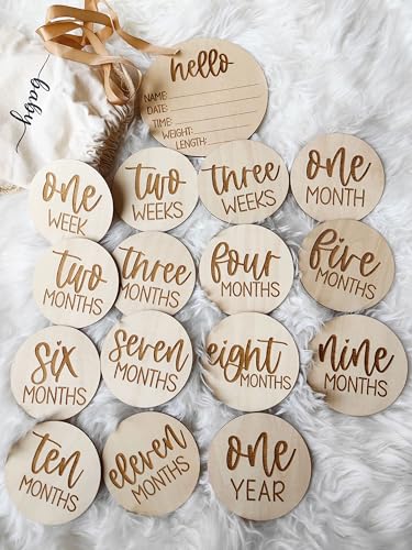 Wooden Milestone Cards and Discs 16pc Set for Baby Photos and First Year Milestones - New Parents and Baby Showers with "Hello World" Sign and Monthly Cards from 1-12 Months