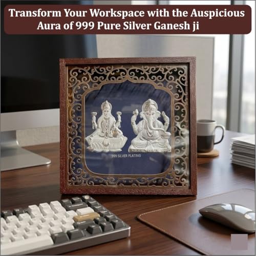 Image of Silver Plating Laxmi Ganesh Frame | Divine Home Decor | Wall Mount Square PhotoFrame for Gift, Lakshmi Ganpati Wooden Frame for OfficeDecor | hangingframe (6.50 inch x 6.50 inch Inch)