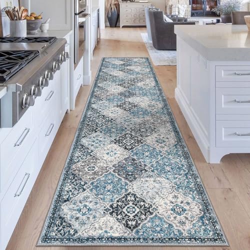 KILOCOCO 2.6x14 Runner Rug, Moroccan Super Soft Washable Hallway Entryway Runner Rug, Accent Print Faux Wool Kitchen Runner Non-Slip Boho Carpet for Laundry Room Bedroom, Blue/Multi