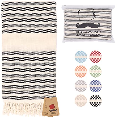 Bazaar Anatolia Turkish Beach Towel 100% Cotton 73x38 Oversized Quick Dry Bath Towels Sand Free Mat (Black)