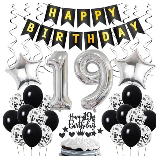 Decoración de cumpleaños de 19 años, 19 años, decoración de cumpleaños, 19 cumpleaños, decoración de 19 globos de color negro y plata, globos de 19 cumpleaños, decoración para fiestas de 19 cumpleaños