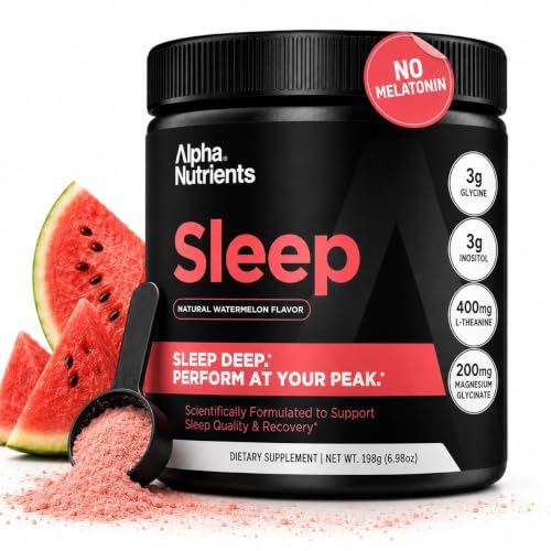 Alpha Nutrients Sleep Powder Magnesium Glycinate Glycine Powder for Sleep L-Theanine and Inositol Melatonin-Free Supplement for Adults Natural Watermelon 30 Servings